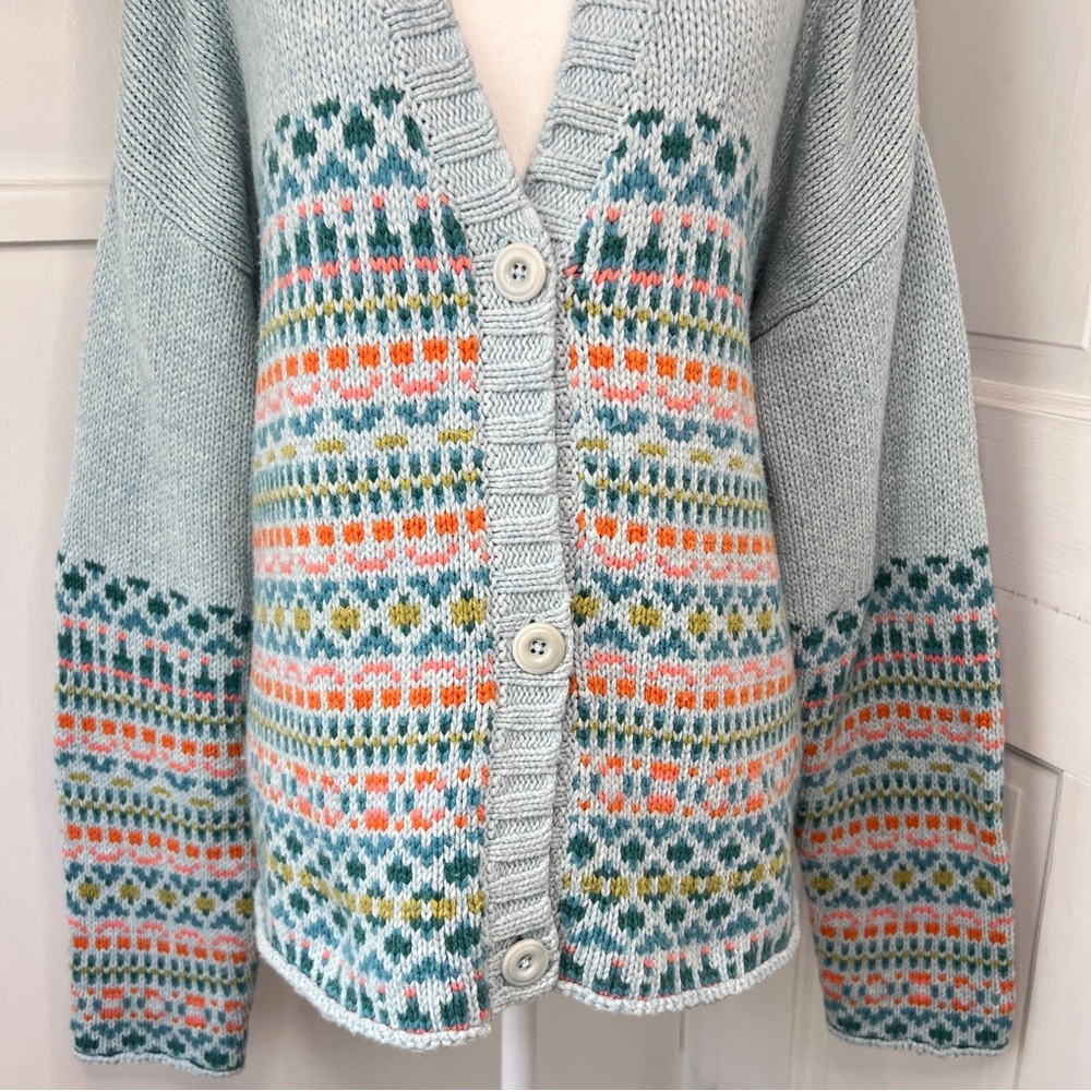 Sundance Molly Fair Isle Merino Wool Blend V-Neck Cardigan Sweater in Blue Multi - Picture 3 of 9